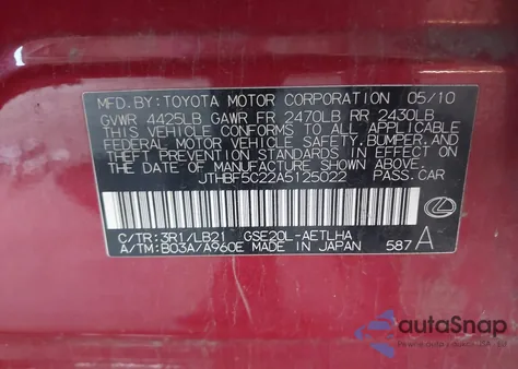 2010 Lexus Is 250 from USA, damaged, VIN JTHBF5C22A5125022